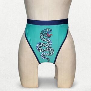 Tattoo Style Snake Graphic High Waist Bikini Bottoms in Green & Blue